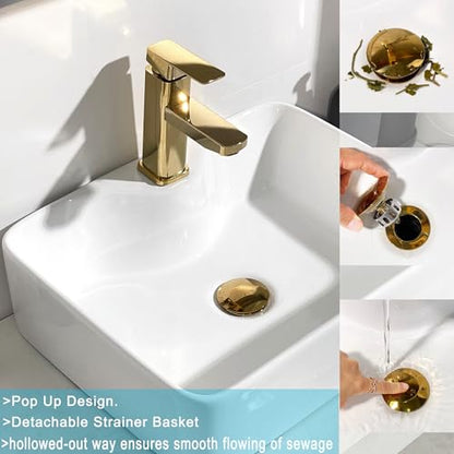 Rockgoya Bathroom Sink Drain, 2 Pack Gold Drain Stopper Bathroom Sink Without Overflow, Pop Up Drain Assembly with Detachable Strainer Basket, Built-in Anti-Clogging Strainer,Stainless Steel - color: Gold-2 Pack, style: Without Overflow