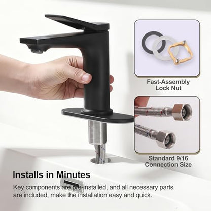 Rbrohant Single Hole Bathroom Faucet, Matte Black Single Handle Bathroom Sink Faucets for 1 Hole, Bathroom Vanity Faucet with Pop up Drain and Cover Plate, Deck Mount, R2001-MBP - color: Matte Black, style: With Escutcheon