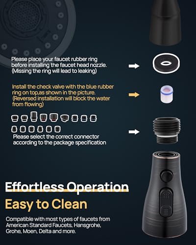 Pull Down Kitchen Faucet Sprayer Head Replacement Part, 15 Connectors, 3 Function Pull Out Sink Sprayer Replacement Nozzle, Kitchen Faucet Head Hose Spray Tap Spout,Oil Rubbed Bronze | 15 Connectors, 3 Function Pull Out Sink Sprayer Replacement Nozzle Par