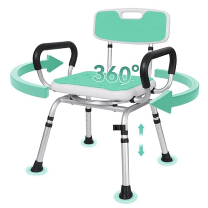 Swivel Shower Chair for Inside Shower, 400 lbs, Adjustable Height | Heavy Duty Non-Slip Shower Stool, Bath Seat with Removable Back and Arms, Safety Shower Stool for Seniors and Disabled - color: Light Green