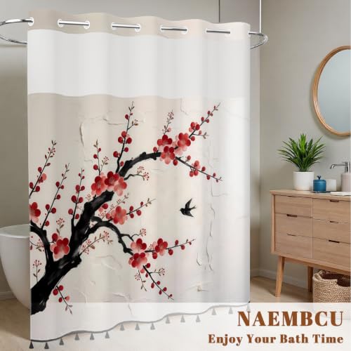 Plum Blossom Shower Curtain with Snap in Liner & Tassels, 71Wx77L | No Hook Needed, Double Layer Waterproof Fabric with Mesh Top, Flowering Tree Design for Minimalist & Zen Inspired Bathroom - color: Red Plum Blossom