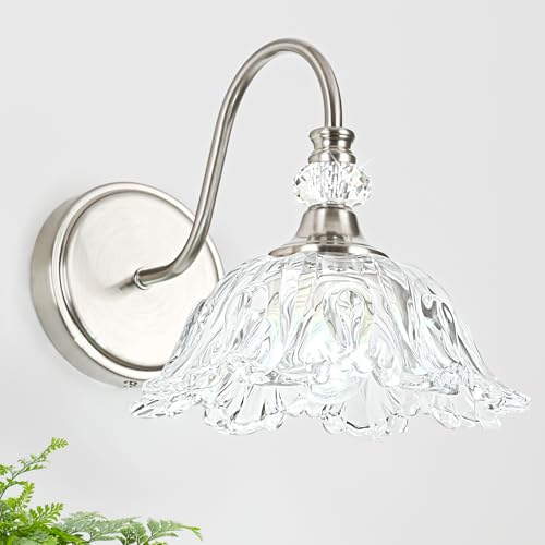 1 Piece Brushed Nickel Wall Sconce with Flower Shade | Brushed Nickel Wall Sconce,Flower Glass Shade,E26 Base,for Bathroom,Living Room,Bedroom - color: Nickel, size: 1-Light