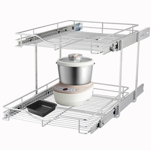 DINDON 2 Tier Pull Out Cabinet Organizer (20" W X 18" D), Double Tier Wire Basket Slide Out Shelf Storage for Kitchen Base Cabinet Organization for Kitchen, Pantry, Bathroom, Chrome - size: 20" W X 18" D