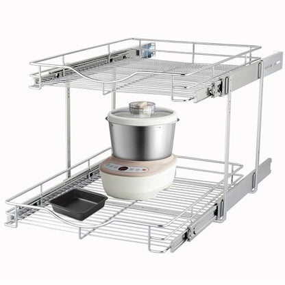 DINDON 2 Tier Pull Out Cabinet Organizer (17" W X 21" D), Double Tier Wire Basket Slide Out Shelf Storage for Kitchen Base Cabinet, Chrome Finish - size: 17" W X 21" D