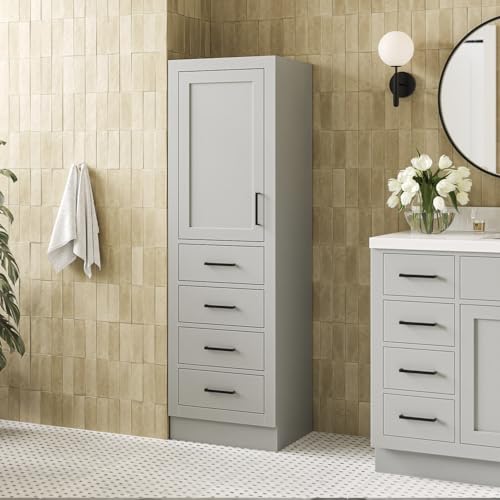 ARIEL Hepburn Bathroom Storage Cabinet - Solid Hevea Wood and Fully Assembled for Long-Lasting Durability and Sophisticated Finish, Freestanding Linen Bathroom Cabinet - 65”H x 20”W x 16”D, Grey - color: Grey, style: Hepburn