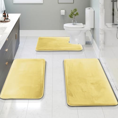 Clara Clark 3 Piece Bathroom Rugs Bath Mat Set, Velvet Memory Foam Bath Mats for Bathroom - Non-Slip, PVC Backing Bath Rugs, Washable - Dries Quickly, Yellow - color: Mellow Yellow