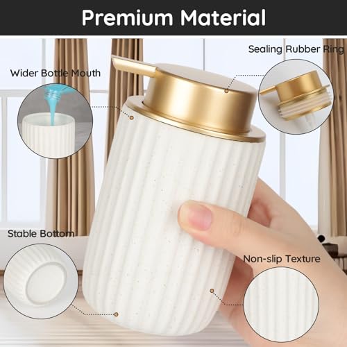 Segbeauty Ceramic White Hand Soap Dispenser, 10.8oz Empty Liquid Soap Dispenser, 2pcs 320ml Refillable Shapmpoo and Conditioner Pump Bottle Bath Shower Lotion Gel Container, Kitchen Dish Wash Bottles - color: White Golden, style: 2pcs Dispensing