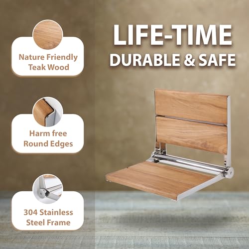 Teak Shower Seat - Contour Wood / Folding Wall Mount Bench for Inside Shower / ADA Safety Assist / 304 Stainless Steel / Polished Chrome / 18" x 16" - color: Polished Chrome, Teak, size: 18" x 16"