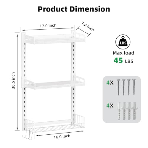 Kalrin 3 Tier Bathroom Shelves Over Toilet - Wall Mounted Floating Shelves with Drain Basket, Toilet Paper Storage, Height Adjustable Over The Toilet Storage, Pure White - color: Pure White
