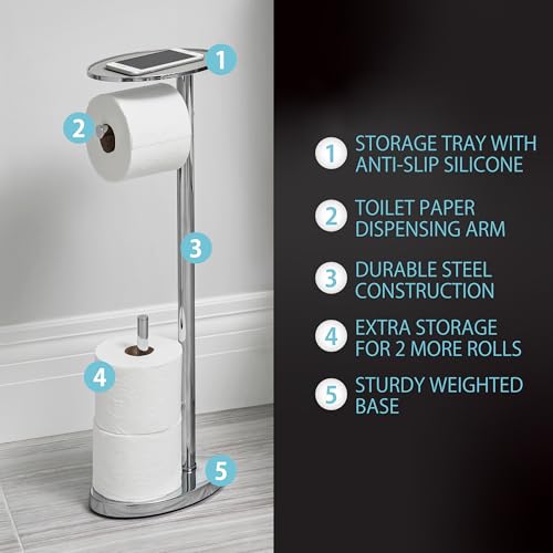 Better Living Ovo Toilet Paper Caddy with Top Shelf, Chrome | Bathroom Toilet Paper Storage Holder Stand with Dispenser and Reserve for 2 Extra Jumbo Rolls, Metal Freestanding