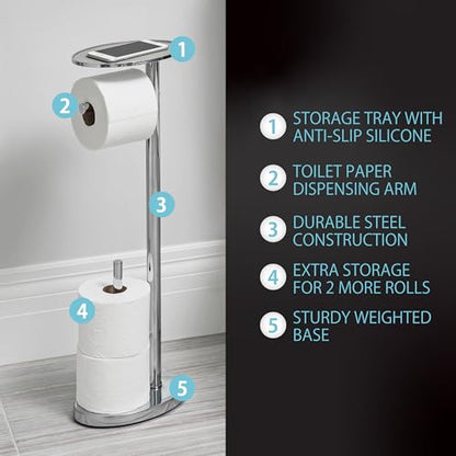 Better Living Ovo Toilet Paper Caddy with Top Shelf, Chrome | Bathroom Toilet Paper Storage Holder Stand with Dispenser and Reserve for 2 Extra Jumbo Rolls, Metal Freestanding