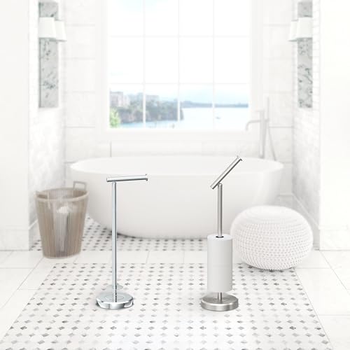 Gatco 1448SN Latitude II Freestanding Toilet Paper Holder with Storage, 22.25-Inch H, Holds 1–4 Reserve Rolls, Weighted Base, Satin Nickel - color: Satin Nickel