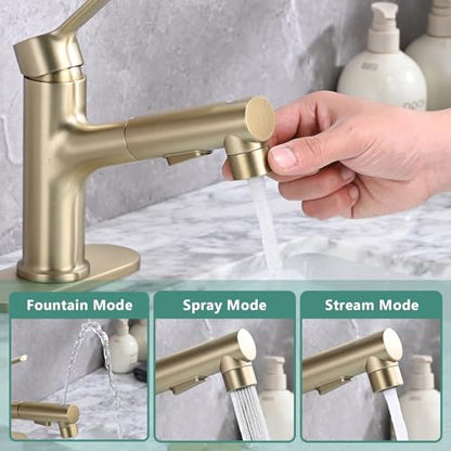 Bathroom Sink Faucet with Pull Out Sprayer, Single Handle Modern Bathroom Basin Faucet with Pop-up Sink Drain Stopper & Deck Plate 1 or 4-inch Centerset 3 Hole, Gold - color: Gold