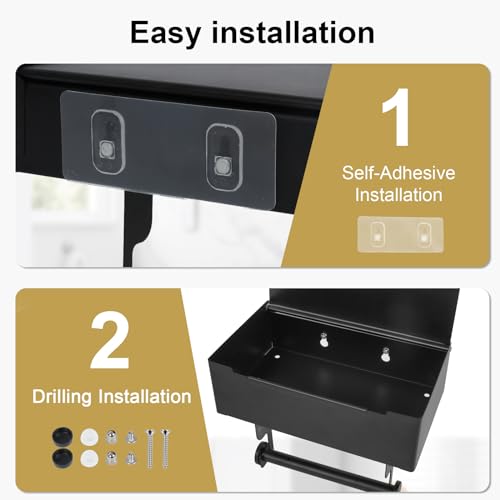 Matte Black Toilet Paper Storage Holder with Shelf for Wet Wipes, Sanitary Tampon, Trash Bags, Bathroom Wipes Holder Accessory Space Saver and Organizer