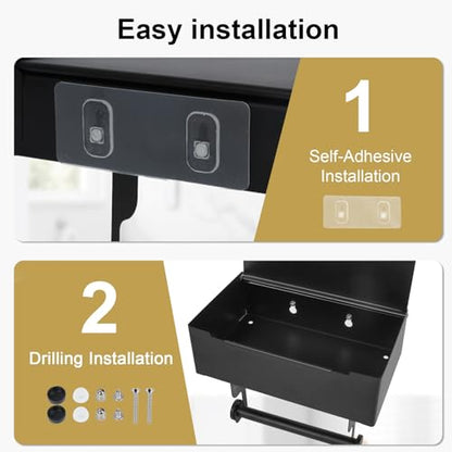 Matte Black Toilet Paper Storage Holder with Shelf for Wet Wipes, Sanitary Tampon, Trash Bags, Bathroom Wipes Holder Accessory Space Saver and Organizer