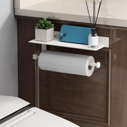 White Paper Towel Holder with Shelf Wall Mount, Adhesive Hand Towel Holder for Bathroom, Kitchen Towel Holder - color: White