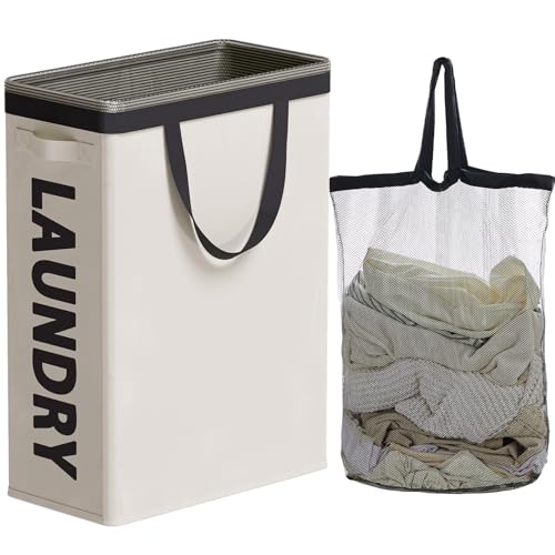 Slim Laundry Hamper with Removable Inner Bag and Side Handles, 45L Small Laundry Baskets to Store Clothes, Narrow Dirty Clothes Hamper for Laundry Room, Bathroom, Bedroom, and Living Room - Beige | Small Laundry Baskets with Mesh Top, Narrow Dirty Clothes