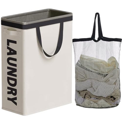 Slim Laundry Hamper with Removable Inner Bag and Side Handles, 45L Small Laundry Baskets to Store Clothes, Narrow Dirty Clothes Hamper for Laundry Room, Bathroom, Bedroom, and Living Room - Beige | Small Laundry Baskets with Mesh Top, Narrow Dirty Clothes