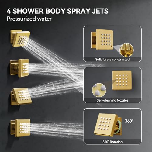 Shower System with Body Jets, Bostingner 4 Way Shower Faucet with 2 in1 Handheld,Ceiling Mount 10 Inch Shower Head and 6 Inch Shower Head,4Pcs Body Jets With Dual Head Shower Set Brushed Gold - color: Gold, size: 6+10 inch