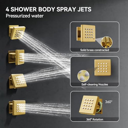Shower System with Body Jets, Bostingner 4 Way Shower Faucet with 2 in1 Handheld,Ceiling Mount 10 Inch Shower Head and 6 Inch Shower Head,4Pcs Body Jets With Dual Head Shower Set Brushed Gold - color: Gold, size: 6+10 inch