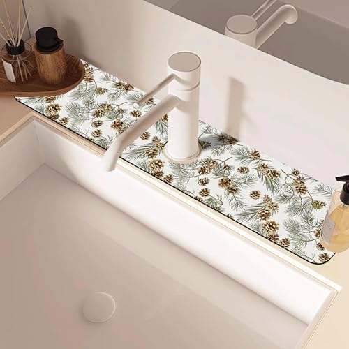 Abstract Pine Cones Sink Faucet Absorbing Mat Splash Guard Behind Faucet Sink Mat Absorbent Fast Drying Faucet Draining Mat for Bathroom Kitchen 5.5"×24" - size: 24" x 5.5"