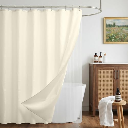 Siiluminisoy Shower Curtain and Liner Set, Waffle Shower Curtain Set with 12 Stainless Steel Hooks, Waterproof Luxury Fabric Shower Curtains for Bathroom and Hotel, Cream, 72" W x 72" H - color: Cream, size: 72"W x 72"L (Pack of 1)