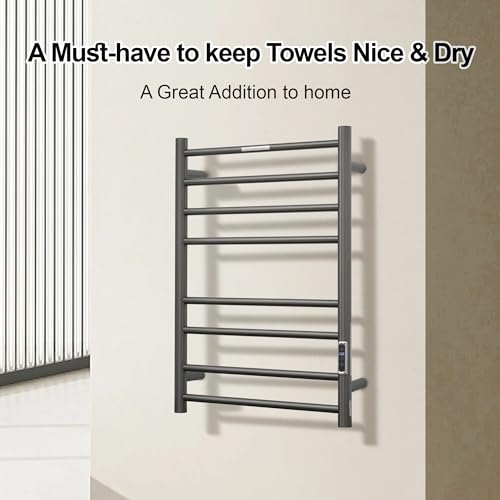 Electric Heated Towel Warmer - Wall Mounted Bathroom Towel Rack, Plug-in Design & Brushed Stainless Steel Finish 8 Bar Gunmetal with Timer & Temperature Control - color: Gunmetal With Timer 8 Bar Etw44-2, size: 8 Bar