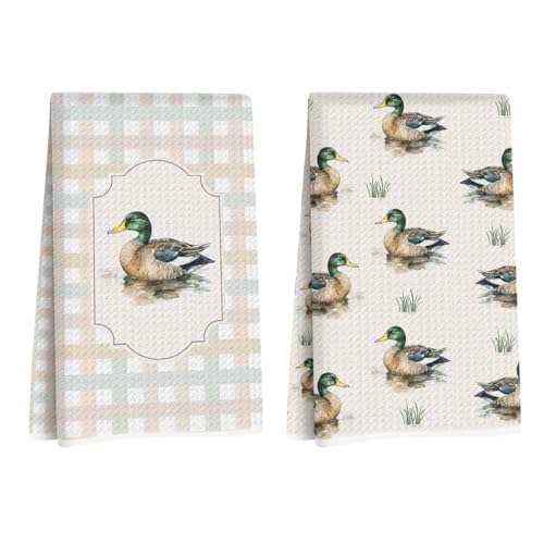 Farmhouse Mallard Duck Kitchen Towels Set of 2, Duck Gifts for Women Lovers | Ducks Lover Dish Hand Towels for Kitchen & Bathroom Decor, Reusable Waffle Microfiber Absorbent Hand Tea Towel - color: Countryside Duck