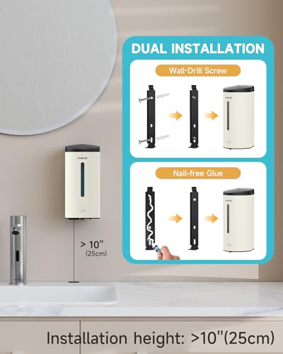 AIKE Automatic Liquid Soap Dispenser,25oz Capacity for Bathroom,Mattewhite | No-Drill and Screw Wall Mount Install Design for Space-Saving,4*AA batteries(Not Included) Ensure Long Standby,Model AK1205E - color: Off White