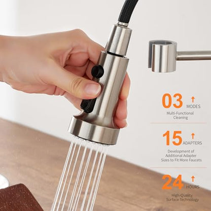 TIORIY Pull Down Spray Head Replacement - for Kitchen Faucet Sprayer Head with 15 Adapters, 3 Function Pull Out Faucet Spray Nozzle, Brushed Nickel - color: Brushed Nickel, style: Blade Spray