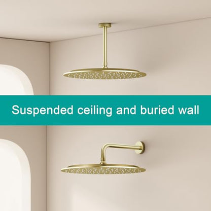 All Metal Rain Shower Head - Heavy Duty Stainless Steel, Easy Install, High Water Flow, Ultra-Thin Modern Design for Bathroom (F-Brushed Gold, 16) - color: Brushed Gold, size: 16