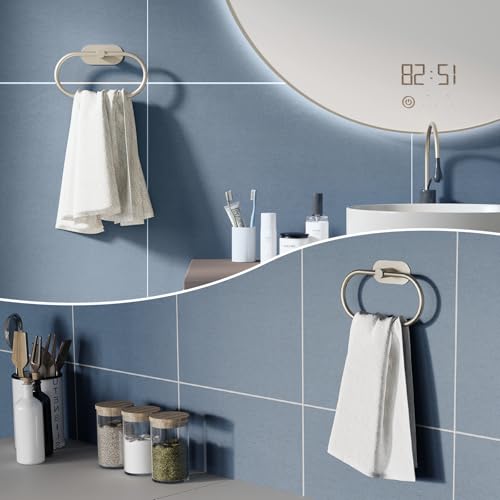 Adhesive Towel Holder for Bathroom Brushed Nickel No Drill Hand Towel Ring Stainless Steel and Zinc Alloy Self Adhesive Towel Hanger for Bath, Kitchen - color: Brushed Nickel