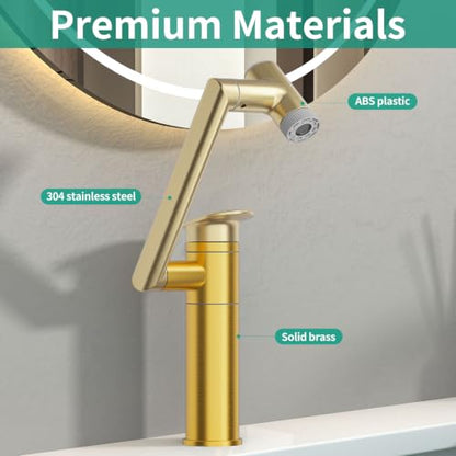 Bathroom Faucet 1 Hole with Temperature Display, Brushed Gold | Batteries-Free, 1080° Rotatable Single Hole Bathroom Faucet, Single Handle Bathroom Vanity Faucets, 2 Spray Modes - color: Brushed Gold