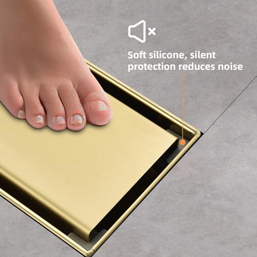 Linear Shower Drain ，with Tile Insert Panels ，24 Inch Brushed Gold 304 Stainless Steel Rectangle Shower Floor Drain，with Hair Catcher, Adjustable Feet - color: Brushed Gold, size: 24inch