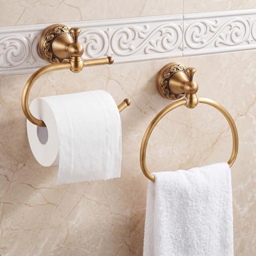 2 Pcs Antique Brass Toilet Paper Holder Towel Ring Set, Vintage Bathroom Hardware, Wall Mounted Toilet Tissue Holder Hand Towel Ring, Rustproof Brass Bathroom Accessories(Style 1) - style: Style 1