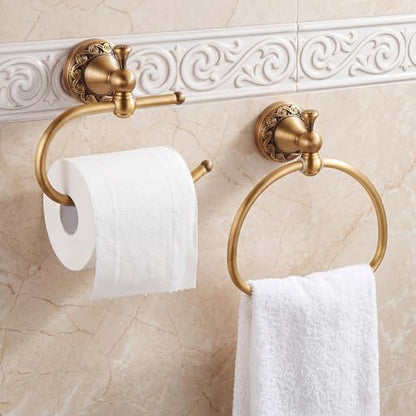 2 Pcs Antique Brass Toilet Paper Holder Towel Ring Set, Vintage Bathroom Hardware, Wall Mounted Toilet Tissue Holder Hand Towel Ring, Rustproof Brass Bathroom Accessories(Style 1) - style: Style 1