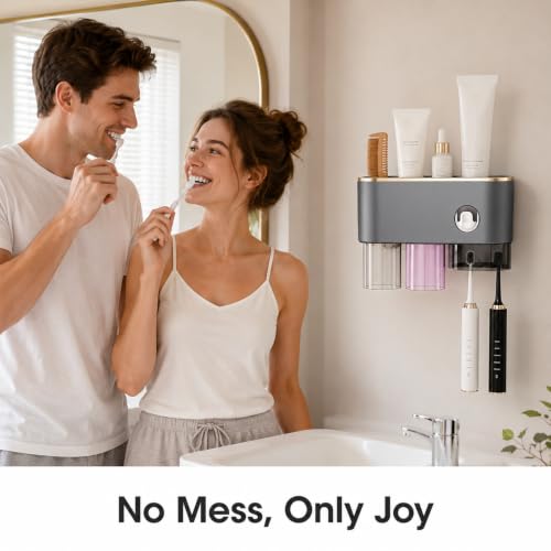 Bathroom Toothbrush Holder —Wall-Mounted Toothbrush Organizer (with Automatic Toothpaste Dispenser), Magnetic Rinse Cup Design, No-Drill Bathroom Vanity Storage Tray (Gunmetal Gray (2 Cups)) - color: Gunmetal Gray (2 Cups)