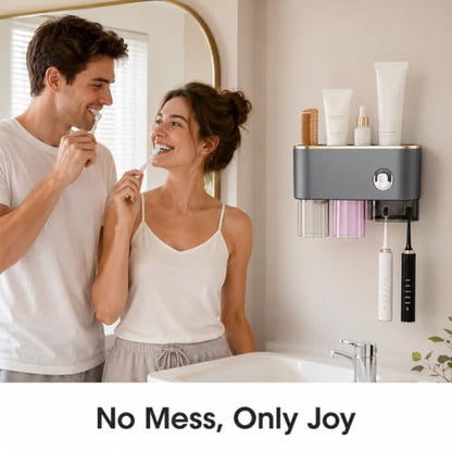 Bathroom Toothbrush Holder —Wall-Mounted Toothbrush Organizer (with Automatic Toothpaste Dispenser), Magnetic Rinse Cup Design, No-Drill Bathroom Vanity Storage Tray (Gunmetal Gray (2 Cups)) - color: Gunmetal Gray (2 Cups)