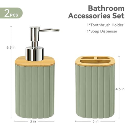 Bathroom Accessories Set, Sage Green Soap Dispenser and Toothbrush Holder | Bamboo Bathroom Sets Accessories, Bathroom Set Striped - color: Sage Green