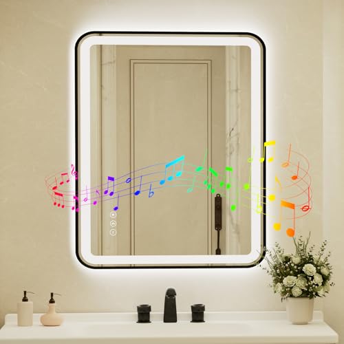 32x40 Inch Black Framed LED Bathroom Mirror with Lights, Built-in Bluetooth Speaker,Tempered Glass,Dimmable Lighted Bathroom Vanity Mirror with 3 Colors, Backlit + Frontlit, Memory, Anti-Fog - color: Black-with Bluetooth Speaker, size: 32"L x 40"W