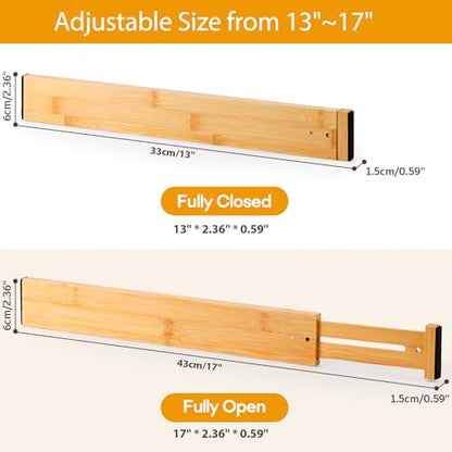 Bamboo Drawer Dividers Organizers, Kitchen Drawer Dividers for Clothes, Adjustable Drawers Separators for Dresser, Bedroom, Bathroom, Office, 4 Pack, 13“-17” - size: 13"-17"