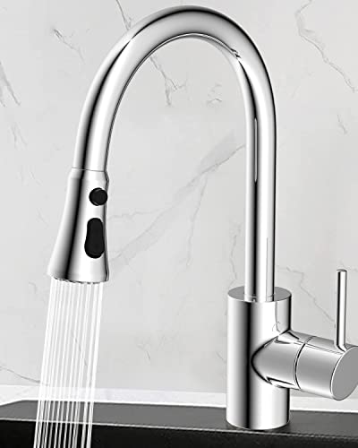 Hibbent Pull Down Kitchen Faucet Head Replacement, 3-Function NSF/ANSI/CAN 61 & CUPC Certified Sink Spray Nozzle, 15 Adapters, Compatible with Moen, Delta, Kohler Faucets, Chrome (Shiny Silver) - color: Chrome, style: Stay on sprayer without hold button