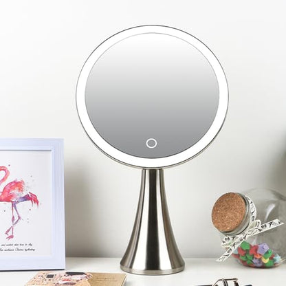 Surdy 9" Lighted Makeup Mirror, 5x/10x Dual Magnifying Mirror w/ 3 Color, Brightness Adjustable,360° Rotation, 4000 mAh Rechargeable, Women Gift, Vanity Mirror
