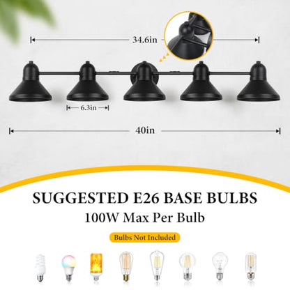 Bairth Bathroom Light Fixtures,5-Light Black Metal Vanity Light Over Mirror | Farmhouse Rustic Industrial Bathroom Vanity Light, Modern Bathroom Lights with Metal Shade for Living Room Cabinet Hallway - size: 5-Light