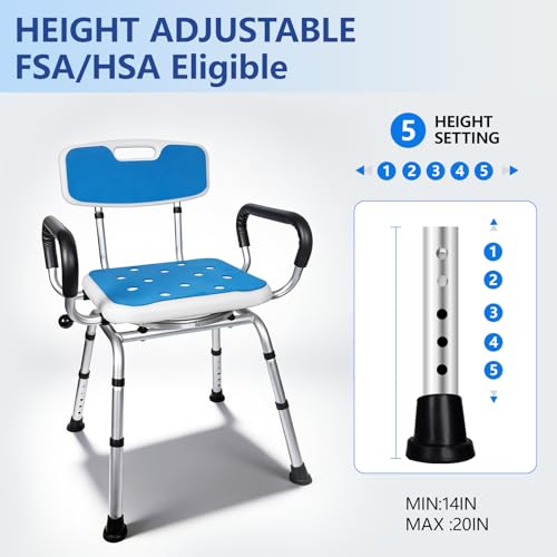 Swivel Shower Chair with Handle 500lbs Capacity Adjustable Arms & Back | 360° Swivel, 5-Level Height Adjust, Non-Slip Feet, Tool-Free Assembly With Extra Suction Bath Grab Bar - size: Blue Set