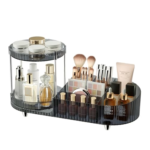 Makeup Organizer Countertop for Vanity, 360 Rotating Perfume Tray with 5-compartment Cosmetic and Skincare Organizers, Multi-Purpose Desk Storage Makeup Brush Holder for Bathroom Bedroom Counter - color: Clear Smoky Black