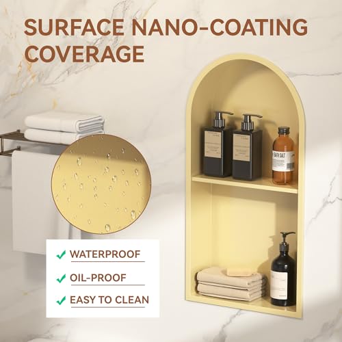 SUPERFLO Arched 12"×24" Matte Gold Stainless Steel Shower Niche for Bathroom Shower Wall, No Tile Needed Shower Shelves, Recessed Wall Niche, Double Shelves - color: Matte Gold-arched, size: 24x12" Double Shelf