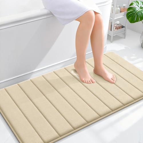 OLANLY Memory Foam Bath Mat 44x24, Super Soft Absorbent Bathroom Rugs, Quick Dry, Machine Washable Shower Floor Rugs, Bathmat Carpet, Bathroom Home Decor Accessories, Beige - color: Beige, size: 44" X 24"
