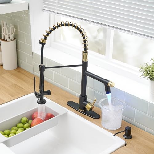Fapully Commercial Kitchen Faucets with Pull Down Sprayer Matte Black&Gold | LED Kitchen Faucet with Soap Dispenser and Deck Plack for 4 Hole, Single Handle Faucet for Kitchen Sink - color: Black&Gold, style: Contemporary