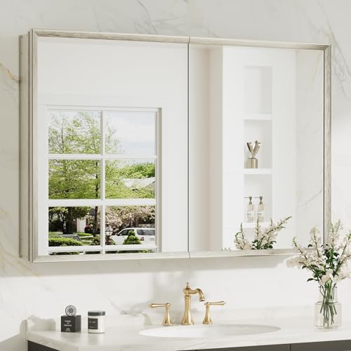40 x 26 Brushed Nickel Recessed Medicine Cabinet with Mirror, Assembly Required, Bathroom Medicine Cabinet with Mirror, Stepless Adjustable Shelves, Beveled Aluminum Frame, DTC Hinge - color: Brushed Nickel, size: 40x26 in